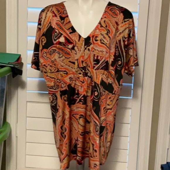 INC International Concepts Paisley V-Neck Blouse - Black and Orange - Picture 1 of 6
